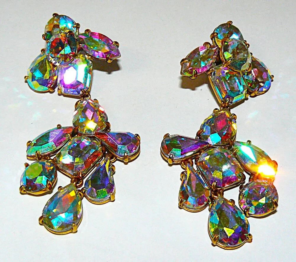 J.Crew Aurora Borealis Crystal Drop Earrings Gold-Tone Statement Jewelry 3